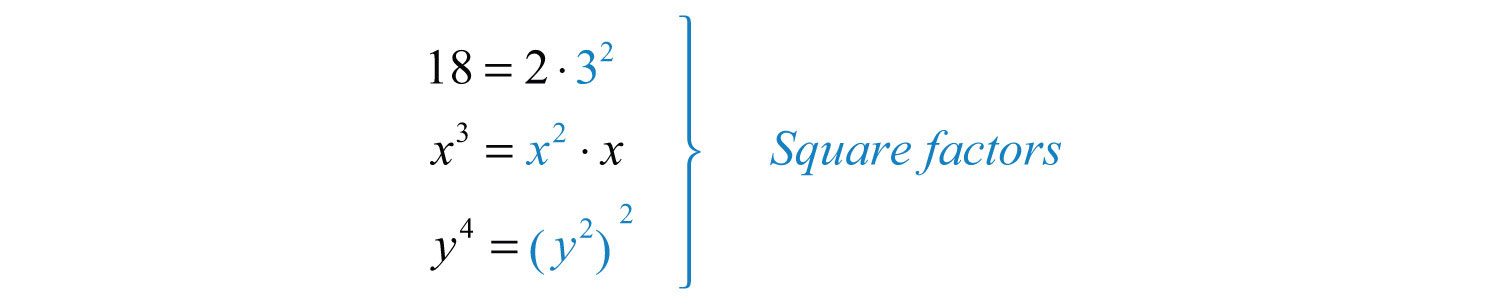 Solution: Begin by determining the square factors of 18, x 3 , and y 4 .