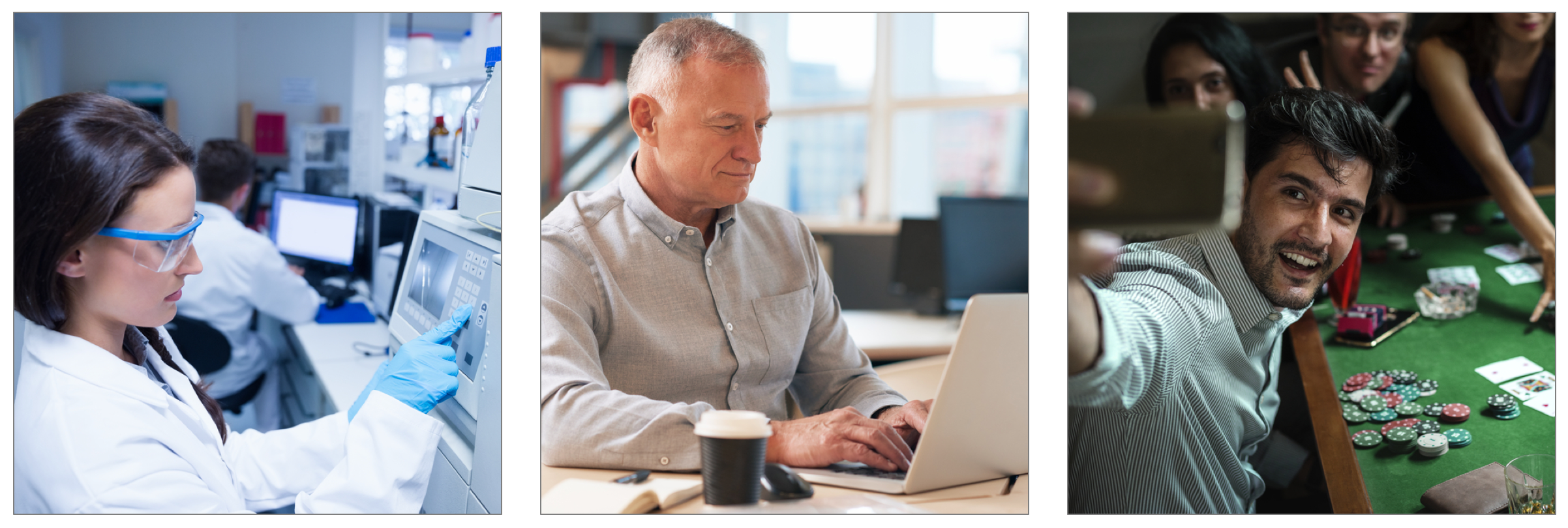 The woman on the left works in a lab; the man in the center works at his desk on a computer; the man on the right takes a selfie with his friends in the background. The woman on the left works in a lab; the man in the center works at his desk on a computer; the man on the right takes a selfie with his friends in the background.