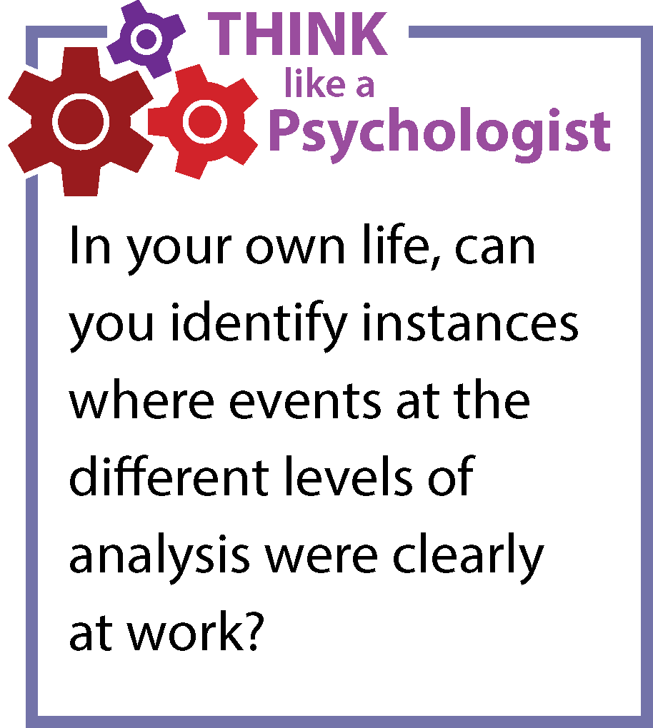 In your own life, can you identify instances where events at the different levels of analysis were clearly at work? In your own life, can you identify instances where events at the different levels of analysis were clearly at work?